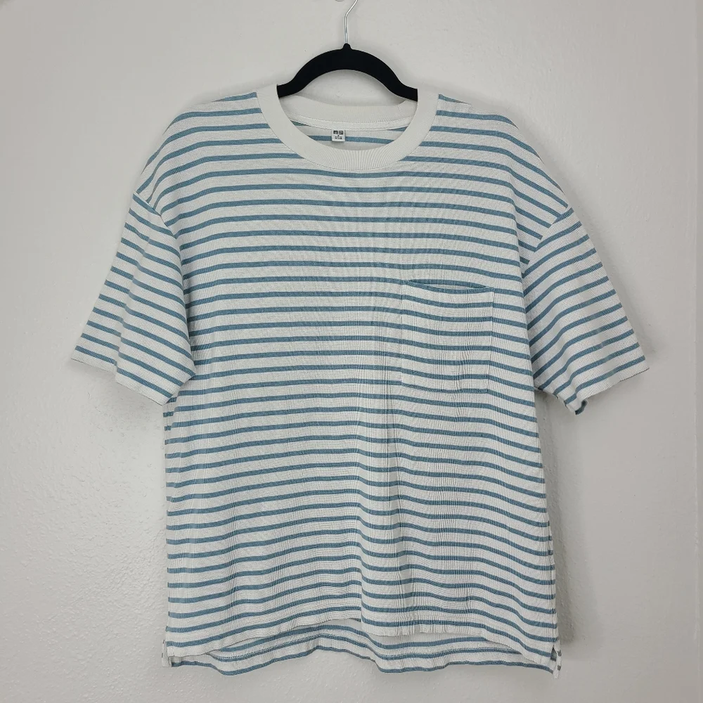 Uniqlo Cotton T-Shirt Short Sleeve Heavyweight Blue White Stripes Size Medium